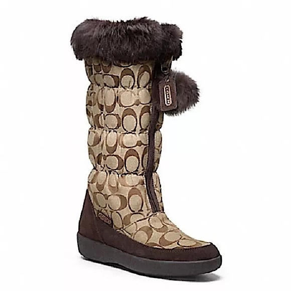 NIB! Coach Theona Snow Boots in Brown Signature Lined with Rabbit Fur - Picture 1 of 9